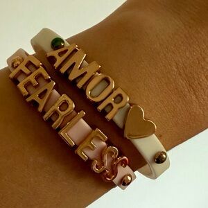 Y2K retro BCBG Amor and Fearless Rubber charm bracelet set cream and rose